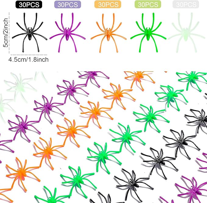 150PCS Plastic Spiders Halloween Small Plastic Spiders Fake Spiders Realistic Spider Toys Prank Props for Home and Party Decor, 2 x 1.8 Inches, Black, Green, Orange, Purple, Glow in The Dark Spiders