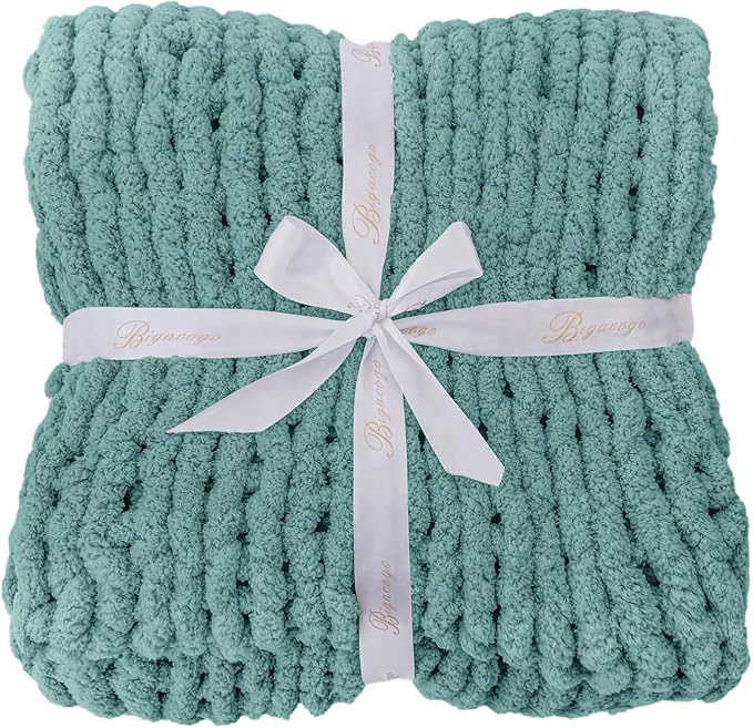 Bigacogo Chunky Knit Throw Blanket for Couch, 51x63 inches, Light Teal | Hand Knit with Jumbo Chenille, Soft Breathable Cable Knit for Sofa Bed Living Room, Machine Washable, Gift for Mom Friend