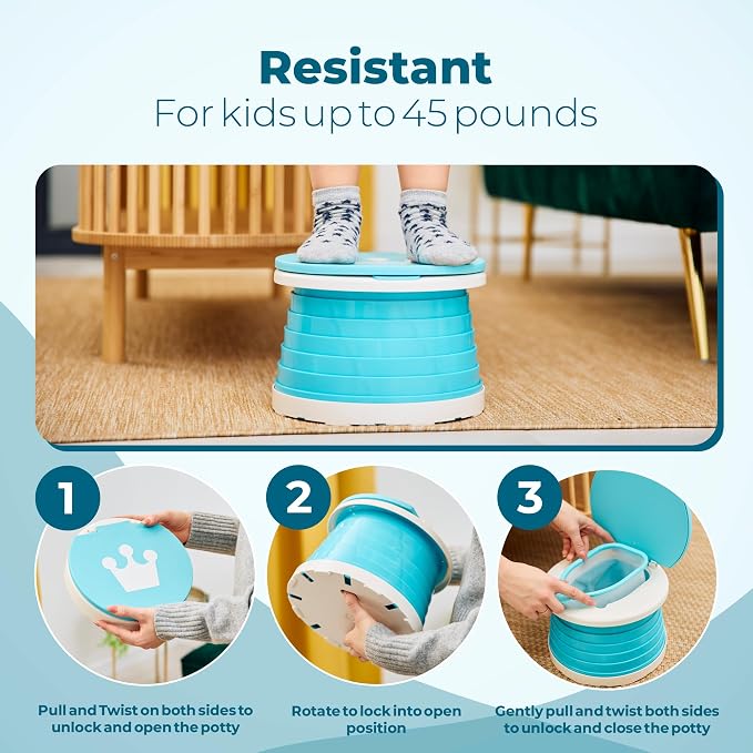 Portable Toddler Travel Potty with Silicone Insert – Foldable Potty Chair for Car & Road Trips, Spill-Resistant Training Toilet, Compact Emergency Potty, Includes Disposable Bags - Blue