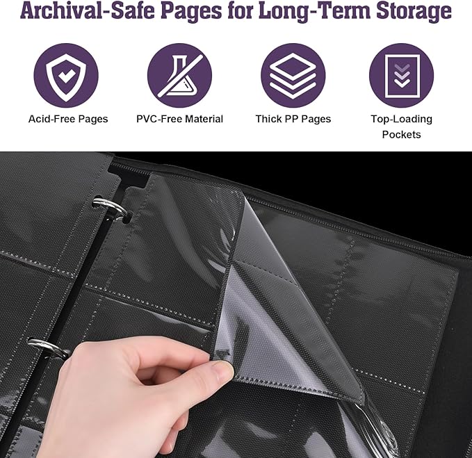 Trading Card Binder 900 Capacity, 50 Double-Sided 9-Pocket Top-Loading, 3-Ring TCG Album for 2.5 x 3.5 Cards, Acid Free PVC Free, Water-Resistant PU with Wrist Strap - Nebula Dragon Design