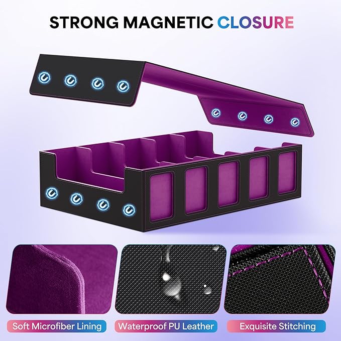 UAONO Trading Card Storage Box with Commander Display;3900+ Card Box for MTG, Removable Cover; 5 Row Case fits MTG TCG Sports Cards 48 Dividers,5 Stoppers,5 Top Loaders,1 Dice Box(Black, Purple)