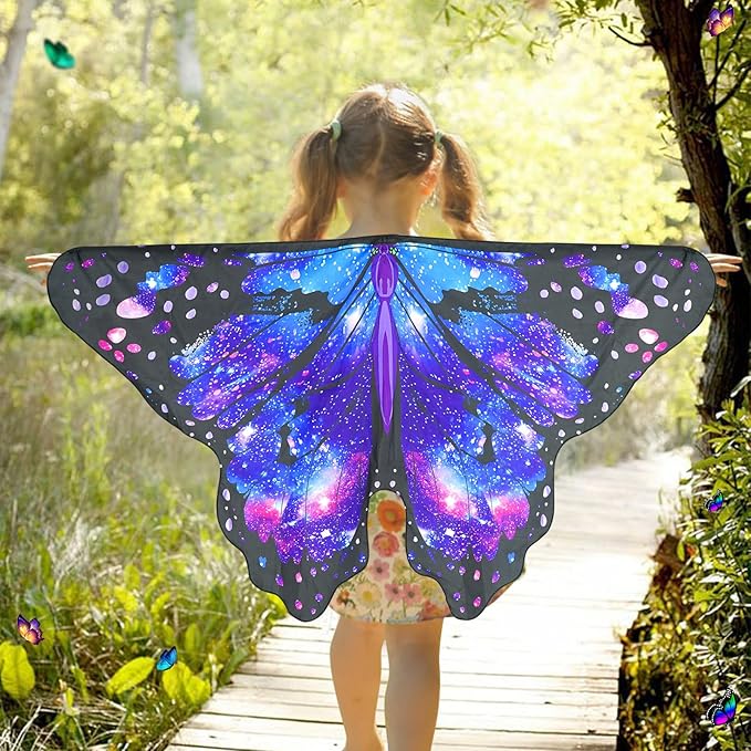 Butterfly Costume for Girls Fairy Wings Kids 4 Pcs(Cape,Skirts,Masks,Hair Clips) Butterfly Wings for Halloween Gifts (Starry Sky Blue)