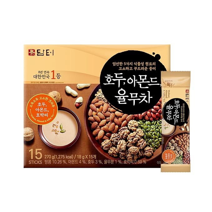 Damtuh Walnut Almond Adlay Tea Drink Mix – Korean Yulmu Cha (Job’s Tears) Roasted Grain & Nut Latte-Style Powder with Crunchy Nut Bits, Caffeine-Free, 18g x 15 Sticks