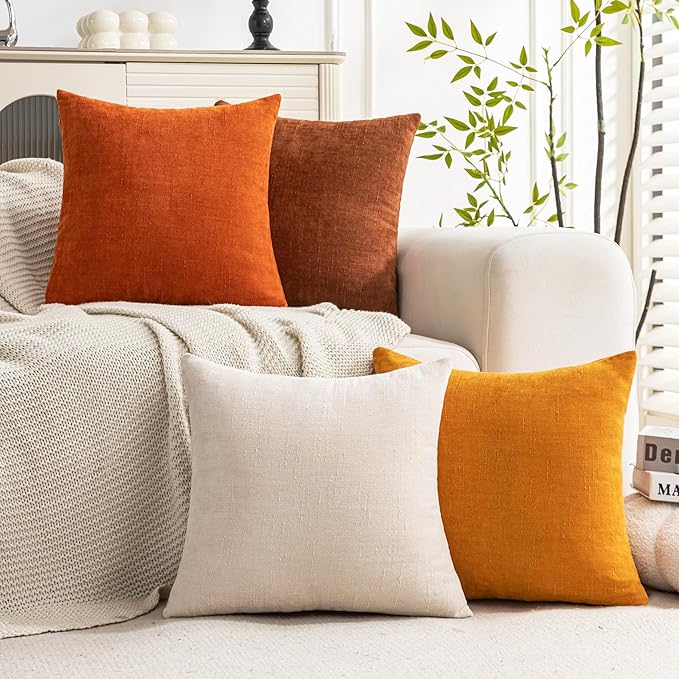 Set of 4 Soft Textured Decorative Throw Pillow Covers 18x18 Inch Cozy Farmhouse Cushion Cover Square Accent Pillow Cases for Bed Couch Sofa Living Room, Beige Rust Orange