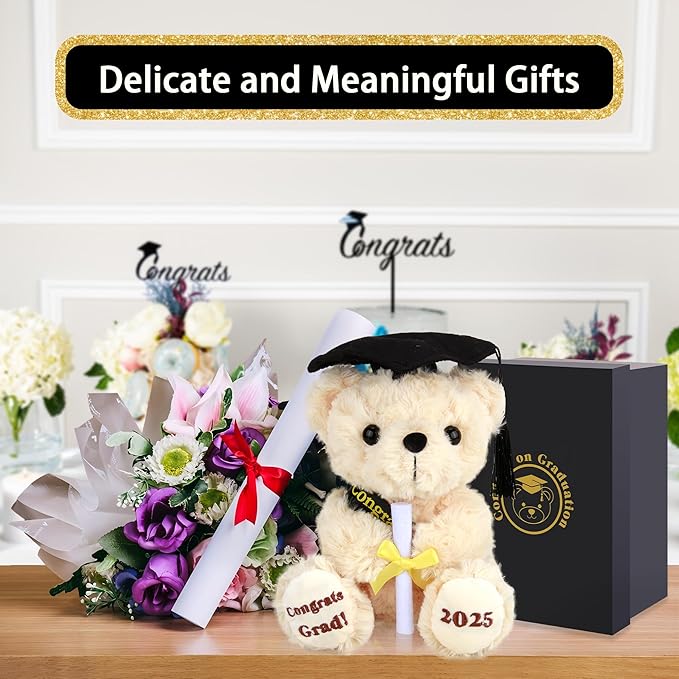 Graduation Gifts Teddy Bear Graduation Stuffed Animal Class of 2025 - Kindergarten High School Graduation Gift for Her Him Girls Boys - 8 Inch Soft Congrats Grad Bear Toy with Cap & Certificate