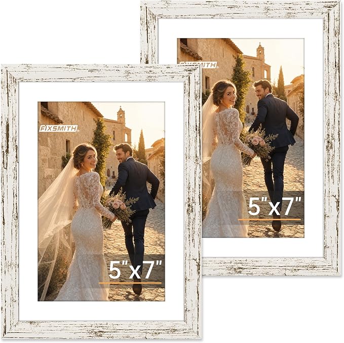 FIXSMITH 5x7 Picture Frame 2 Pack, Distressed White Photo Frame with HD Plexiglass, Display Pictures 4x6 with Mat or 5x7 Without Mat, Distressed White Multi Picture Frames Collage for Tabletop or Wall Display