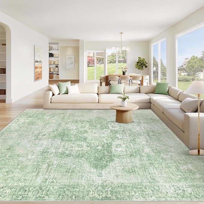 Area Rug 10x14 Washable Rug, Vintage Boho Medallion Rugs Non-Slip Soft Low Pile Large Distressed Rug Indoor Retro Carpet for Living Room Bedroom Dining Room Home Office (SageGreen, 10'x14')