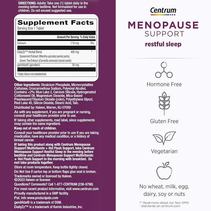 Centrum Restful Sleep Menopause Support Tablets, Supplement with Clinically Studied DailyZz and geniVida, 28 Count