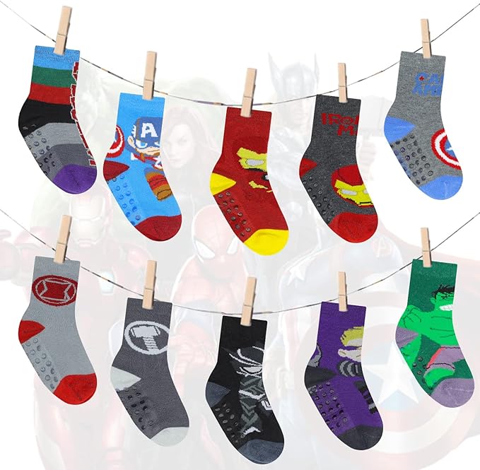 Marvel Spiderman Grip Socks, 10 Pack, Toddler Boys, Ankle Length, Multicolor, Small