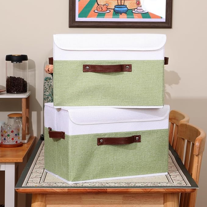 ANMINY Fabric Storage Box Bins with Lids, Green White, 15"x10"x10", 2 Pack | Keepsake Memory Storage, Cotton Linen, PP Board Reinforced, Washable, PU Handles, Foldable & Stackable, Decorative, Large