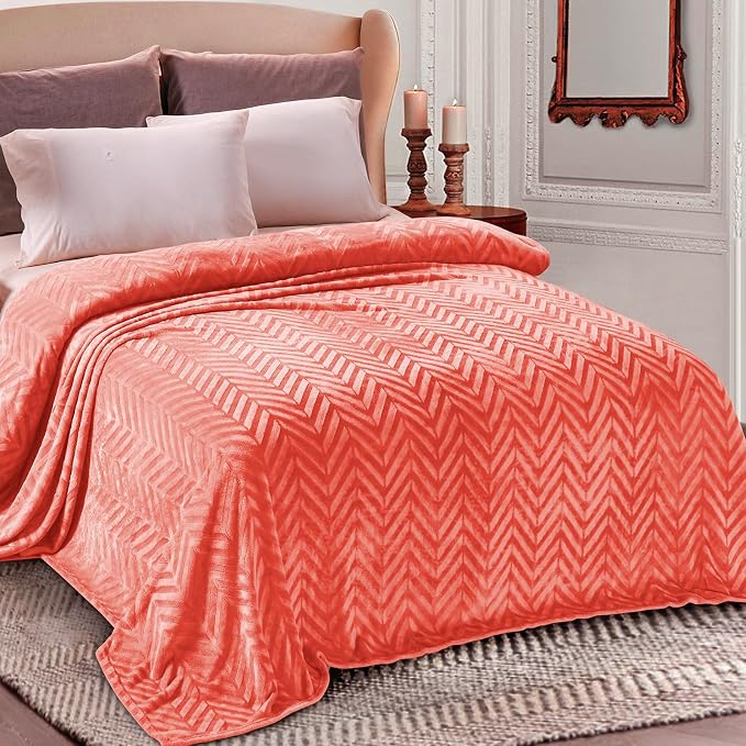 Whale Flotilla Flannel Fleece Fall Bed Blanket King Size, Coral | Lightweight Breathable Soft Bedspread, Plush Fluffy Coverlet Chevron Design Decorative Blanket for Home Life, 90x104 Inch