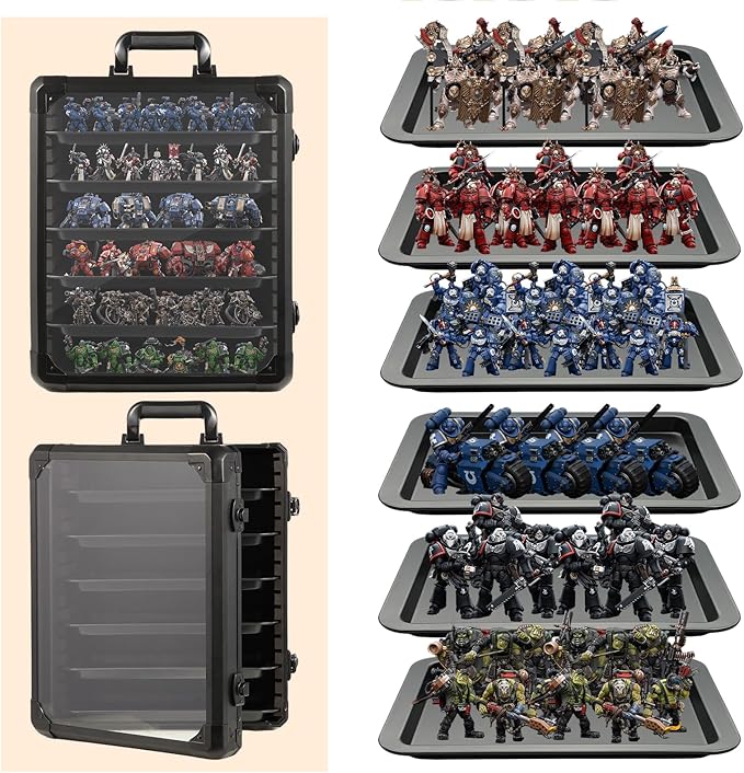 Miniature Carrying Case, Miniature Storage Case with 6 Trays, Aluminum Alloy Frame, Display and Transport Action Figure Display Case for Collectibles Miniatures, Best Gifts for Men（Medium Size）