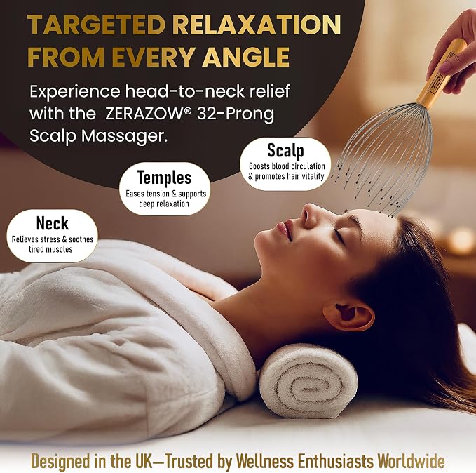 ZERAZOW® Scalp Massager with 32-Prong, Head Massager Scalp Massage Tool for Relaxation, Beech Wood Head Scratcher, Scalp Scratcher for Head Massage, Scalp Stimulator, Fathers Day Gift for Men/Women