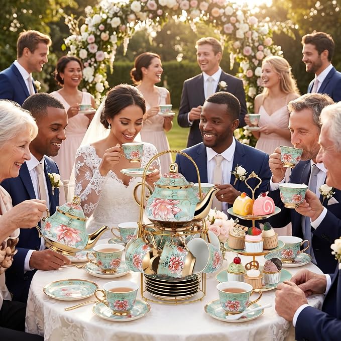 Maxcheck 21 Pcs Porcelain Tea Set for Women Tea Party with Metal Holder and 3 Tier Cake Stand Ceramic European Floral Teapot Set for Adults Mother's Day Christmas Thoughtful Gift(Fresh Style)