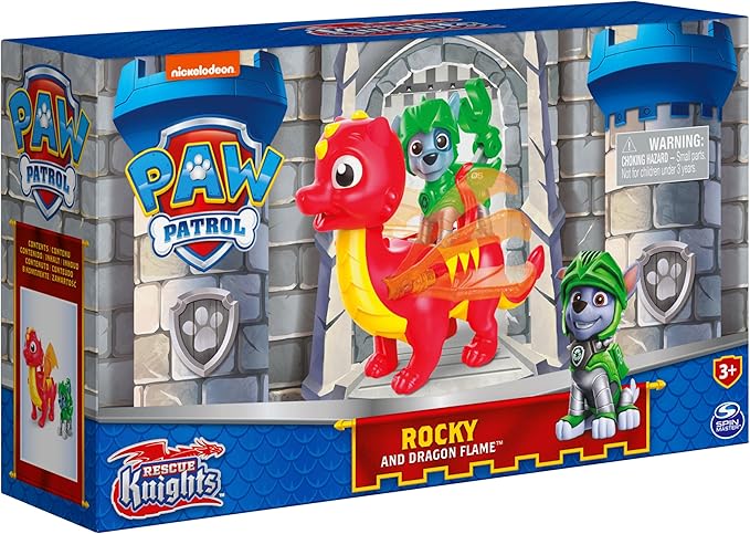 Paw Patrol, Rescue Knights Rocky and Dragon Flame Action Figures Set, Kids Toys for Ages 3 and up