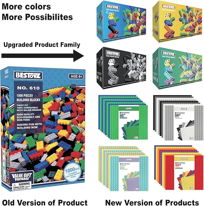 Building Bricks 1000 Pieces in Black, Dark Grey, Light Grey & White, Classic General Building Blocks Toys for Boys & Girls, Bulk Basic Brick Tiles for Adult's Building Projects