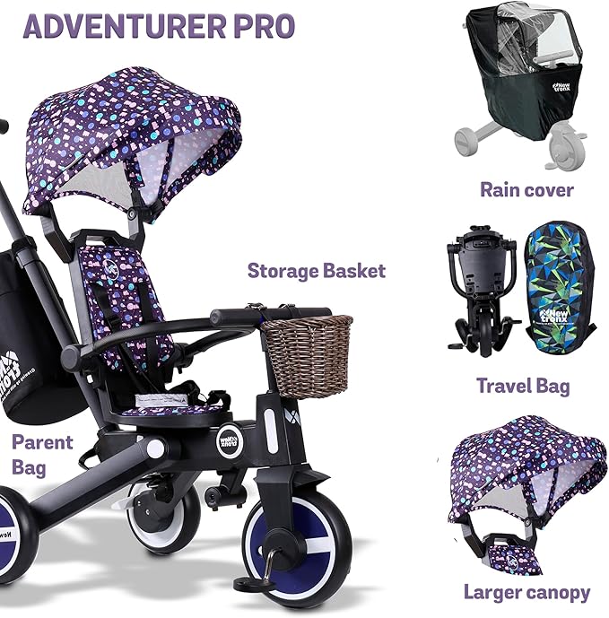 Adventure Pro Summer Edition - Foldable Tricycle for Toddlers-Big Canopy, Basket,Travel Backpack and Parent Bag - Toddler Tricycle for Ages 10 Months to 5 Years (Sunny Grape/Purple)