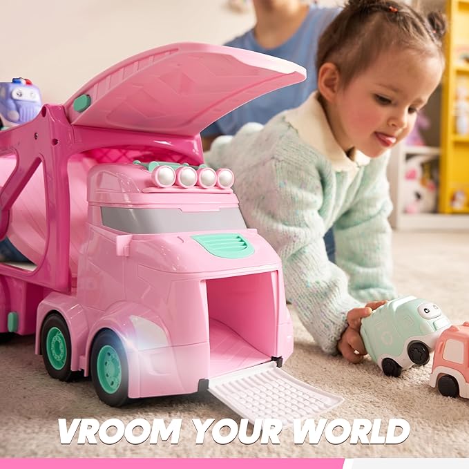 Vroomix Extra Large Toy Trucks for Toddlers, 3-Layer Princess Pink Trucks for Girls, 7-in-1 Big Carrier Truck with Siren & Lights and 6 Toy Cars, Christmas Birthday Gifts for Girls