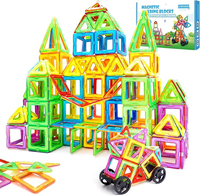 Crenova Magnetic Tiles with 2 Car Wheel Sets for Ages 3+ Boys & Girls, 60-Piece STEM Educational Toy, for Birthday Christmas