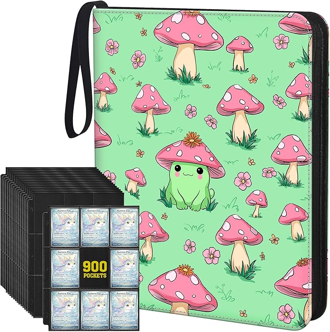 Cute Frog & Mushroom 9-Pocket Trading Card Binder Album, 900 Card Zipper Binder with 50 Removable Sleeves, Refillable 3-Ring Card Book for MTG, TCG and Sports Cards, Fits 2.5" x 3.5" Cards