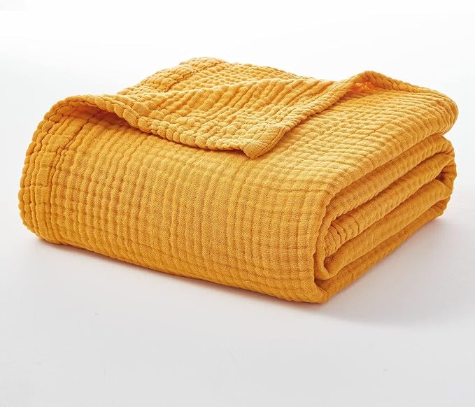 EMME Muslin Blankets for Adults Throw Blanket for Couch Breathable Gauze Soft Lightweight Airy Mustard Yellow Throw XL 50" x 71"