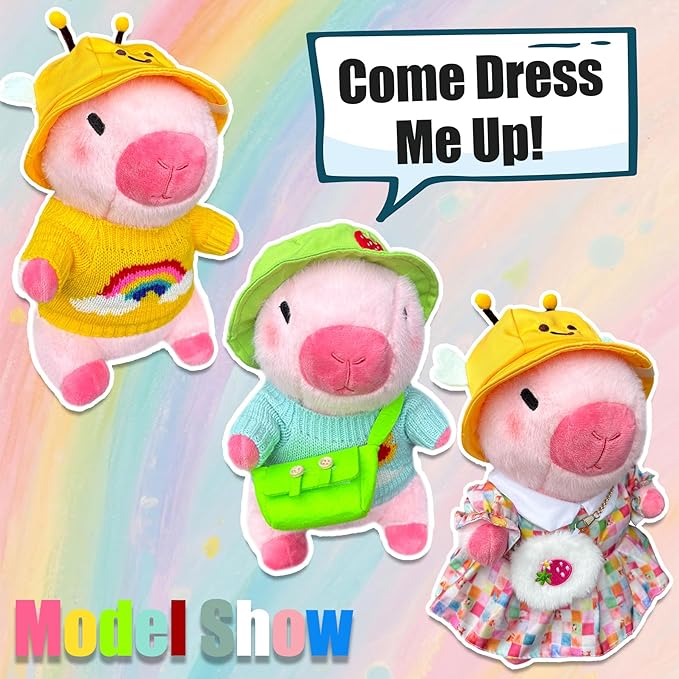 Capybara Plush with 9 pcs Clothes & Accessories, 10.2 in Cute Capybara Stuffed Animal Plush Toys, Dress Up Cute Plushies for Girls/Boys (Pink Yellow)