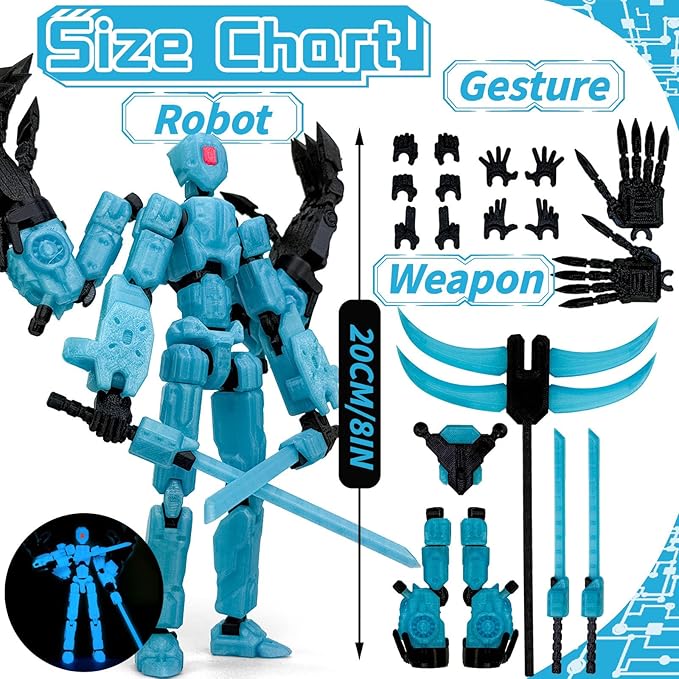 8Inch T13 Action Figure Assembly Completed,3D Printed Multi-Jointed Movable Toy Nova 13 Action Figures Desktop Decorations for Game Lovers Toy (Blue Luminous Blue)