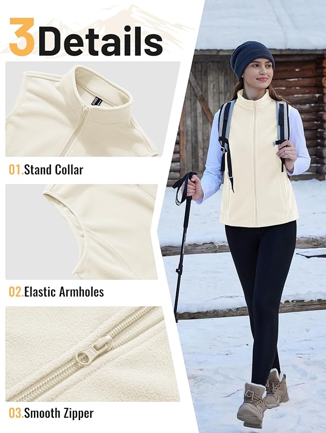 TACVASEN Women's Fleece Vest Lightweight Sleeveless Zip Jacket Outerwear | Soft Polar,Zipper Pockets,Stand Collar,Fall Winter Warm,Outdoor,Athletic,Running,Hiking,Travelling,Golf,Work