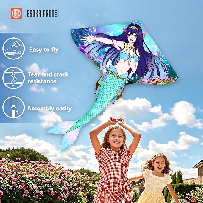 Kites for Adults & Kids Ages 4-8,Beach Kites Easy to Fly for Beginner, with Handle and 328ft Kite String，Best Toy and Gift for Boys & Girls. (Blue Haired Mermaid+Grassland+Octopus, 3)