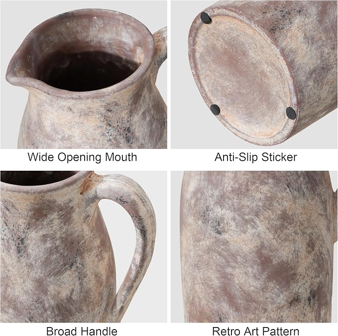 Ceramic Flower Vase with Handles,11" Neutral Tall Clay Terracotta Vases Farmhouse Table Vases with Handle Living Room Decor Rustic Pottery Pots for Home Shelf Coffee Dining Desk Fireplace