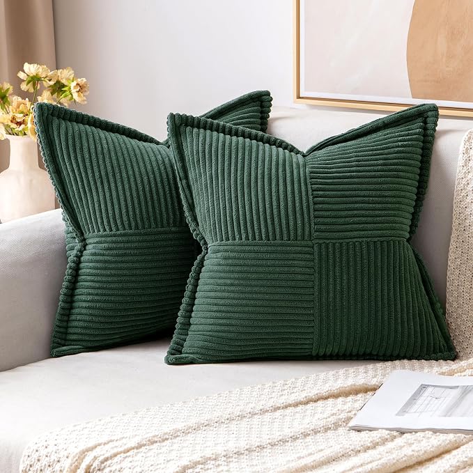 MIULEE Decorative Throw Pillow Covers for Couch 20x20 Inch Dark Green | 2 Pack, Boho Broadside Striped Patchwork Pillow Covers, Soft Corduroy Cushion Cases, For Sofa Bed Livingroom Home Decor