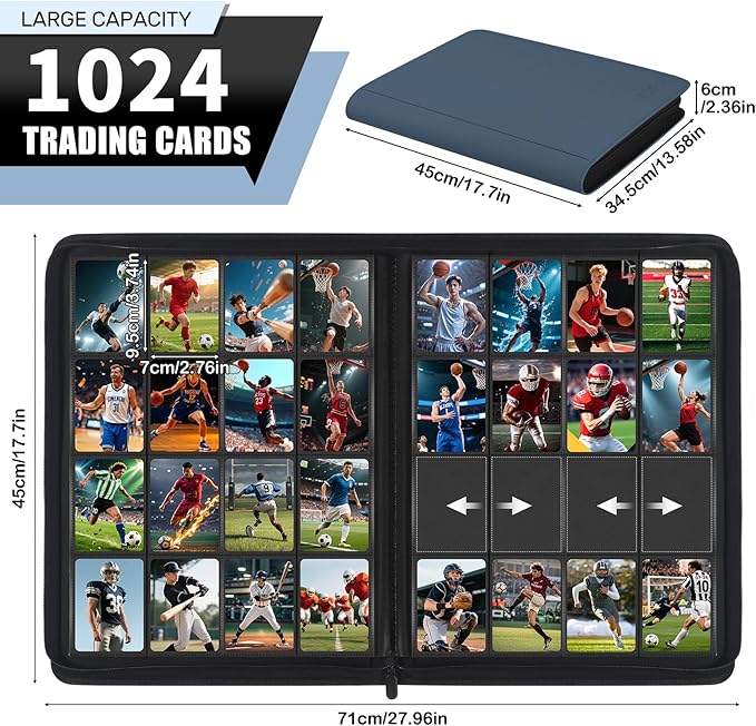 1000+ Pockets Trading Card Binder, 16 Pockets Zipper Binder Card Album, 32 Pack Double-sided Side Loading Non-Ring Card Binder, Card Holder Folders for MTG, TCG, Game Cards & Sports Cards, Navy Blue