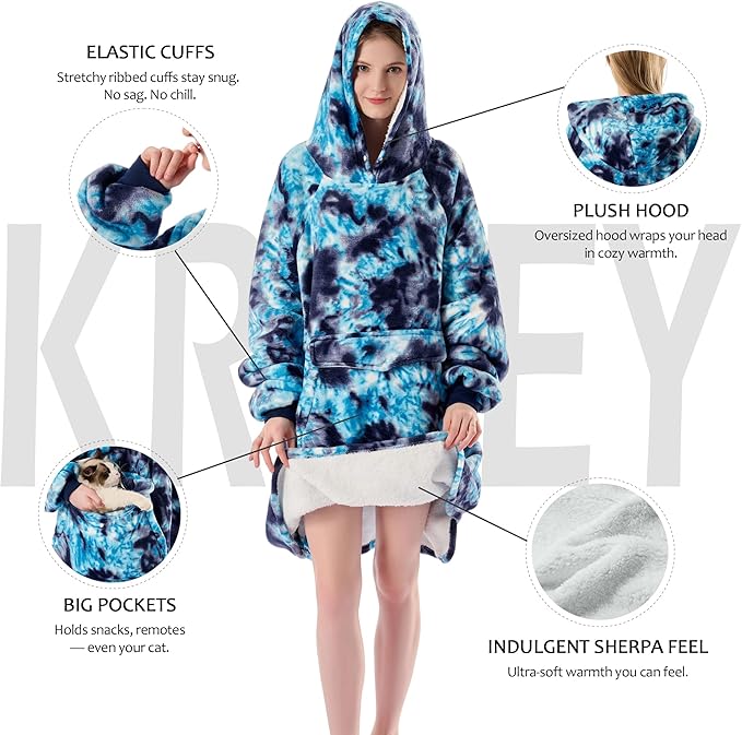 Krifey Wearable Blanket Hoodie, Oversized Sherpa Fleece Sweatshirt with Giant Pocket, Birthday Gifts for Women, Mom, Sister, Dark Blue Tie Dye