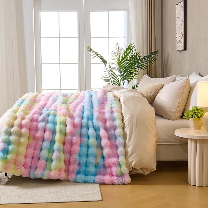 DOWNCOOL Faux Rabbit Fur Throw Blanket, Soft Fluffy Fuzzy Plush Bubble Blanket for Couch Sofa & Bed, Cozy Warm Luxury Fleece Minky Blanket, 60x80 Inches Rainbow