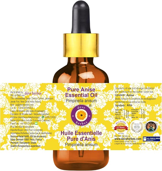 dève herbes Anise Essential Oil (Pimpinella anisum) with Glass Dropper | Pure | Non-Sticky | Non-Greasy | Lightweight | Men & Women | All Skin Types | Steam Distilled 30ml (1 oz)