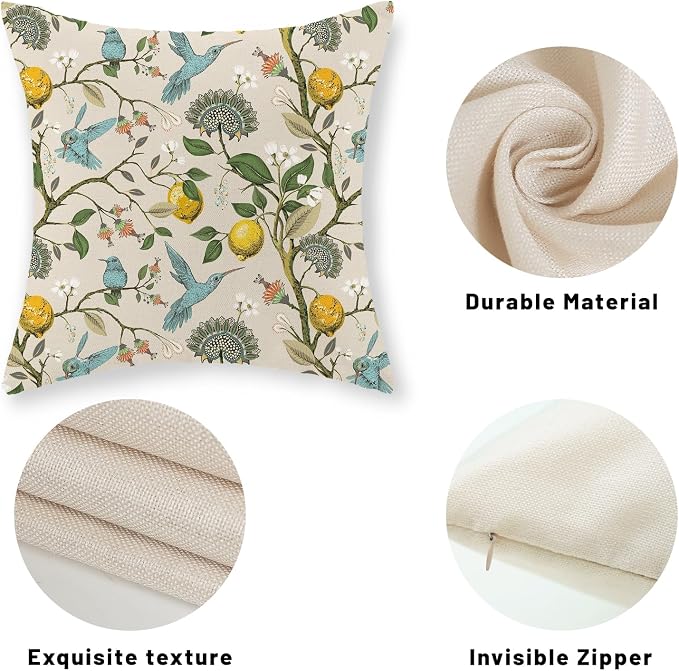 Chinoiserie Pillow Covers 16x16 Set of 2 Blue Green Bird Floral Throw Pillows Vintage Yellow Lemon Flowers Decorations Pillowcase Outdoor Chinoiserie Decor Linen Cushion Case for Couch Home