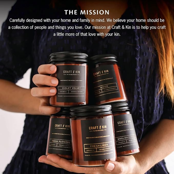 Craft & Kin Premium Wood Scented Candle – Long Lasting, 45 Hour Burn Time – Luxury Natural Soy Scented Candle – Room Decor and Aromatherapy – 8 oz