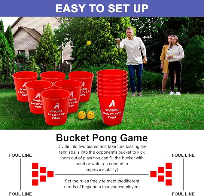 Aivalas Yard Pong Outdoor Games, Giant Yard Games Set with 12 Buckets and Balls for Adults and Family, Toss Game Throwing Games for Beach, Camping, Lawn and Backyard
