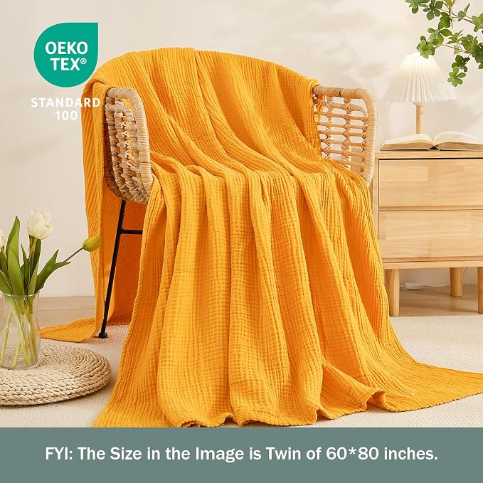EMME Muslin Blankets for Adults Throw Blanket for Couch Breathable Gauze Soft Lightweight Airy Mustard Yellow Twin XL 66" x 90"