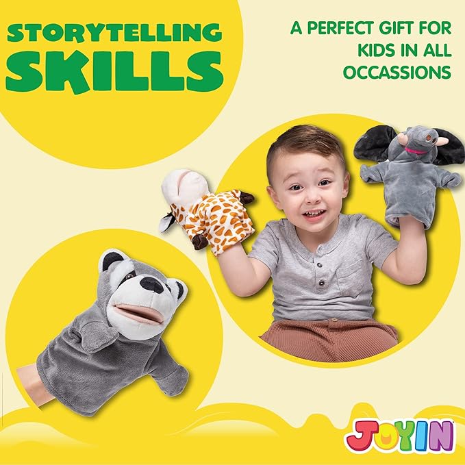 JOYIN 6Pcs Kids Hand Puppet Set with Working Mouth, Toddler Animal Plush Toy Includes Elephant, Giraffe, Lion, Bear, Raccoon and Monkey for Show Theater, Christmas Birthday Gifts for Kid