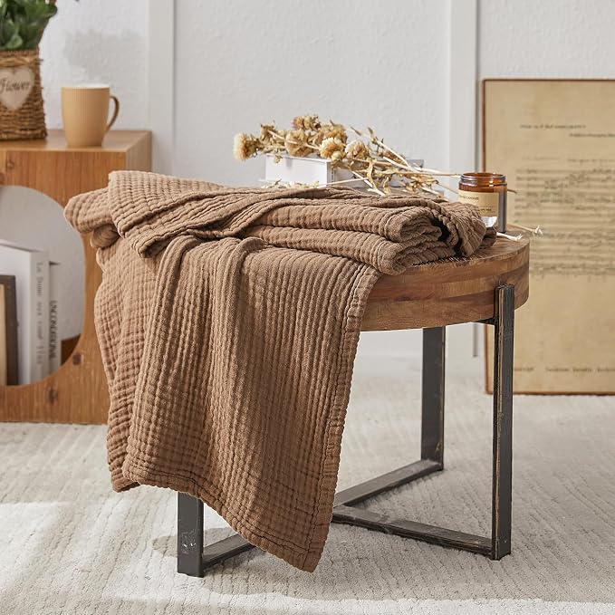EMME Muslin Blankets for Adults Brown Small Blanket 40" x 50" | Throw Blanket for Couch Breathable Gauze Soft Lightweight Airy Light