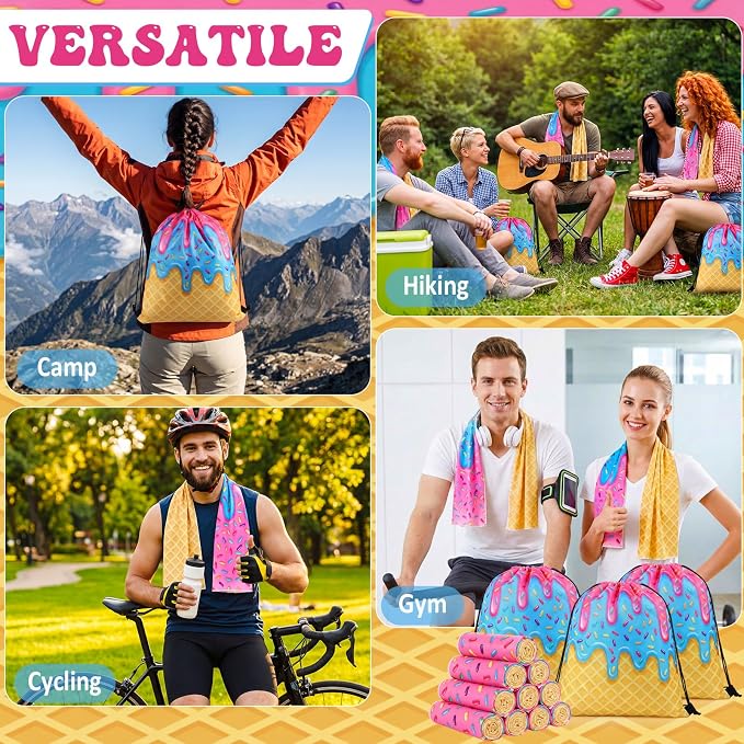 Peryiter 24 Pcs Ice Cream Drip Baseball Party Favors 12 Cooling Towels 12 Drip Drawstring Bags Bulk Sport Gifts for Teams Summer Camping Yoga Running Supplies, Chilly and Absorbent(Basic)