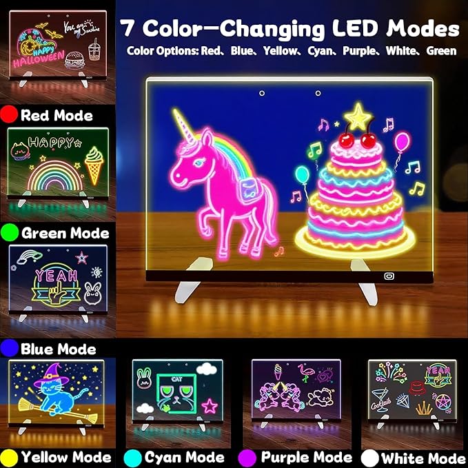 2026 Battery Powered LED Drawing Board for Kids Ages 6+, 13.7"x10" Light Up Dry Erase Note Board with Colors, 7 Color Modes, Portable Acrylic Glow Board with Stand, Markers, Spray Bottle