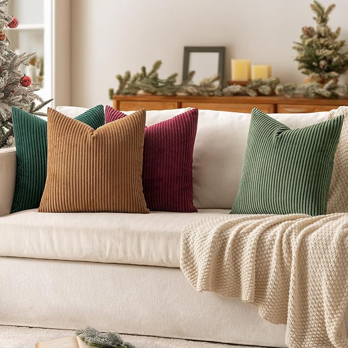 MIULEE Soft Corduroy Decorative Throw Pillow Covers Christmas Green 18x18 | Set of 4, Mordern Nordic Christmas Decor, Green Red Accent Set, Boho Farmhouse Cushion Covers for Couch Bed Sofa Living Room