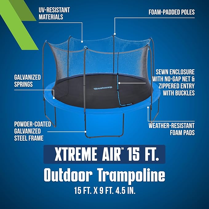 Bestway Xtreme Air 10FT 12FT 15FT Outdoor Trampoline for Kids and Adults, No-Gap Security Enclosure Net, Foam-Padded Poles, Fast & Easy Assembly, ASTM Approved, 2-Year Warranty