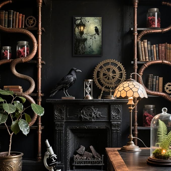 Gothic Decor Framed Wall Art, Vintage Dark Academia Canvas Prints, Horror Forest Crow Wall Decor for Living Room Bedroom Home Decor – Black Wooden Frame 16x24in