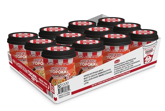 POCAS Chef Kim's Korean Instant Topokki Rice Cake Cups, Microwaveable Rice Cake Snack, Ready in 3 Minutes, 4.2 oz (120g) per Cup, 12 Tteokbokki Cups per Case, Authentic Korean Street Food. (Sweet & Spicy)