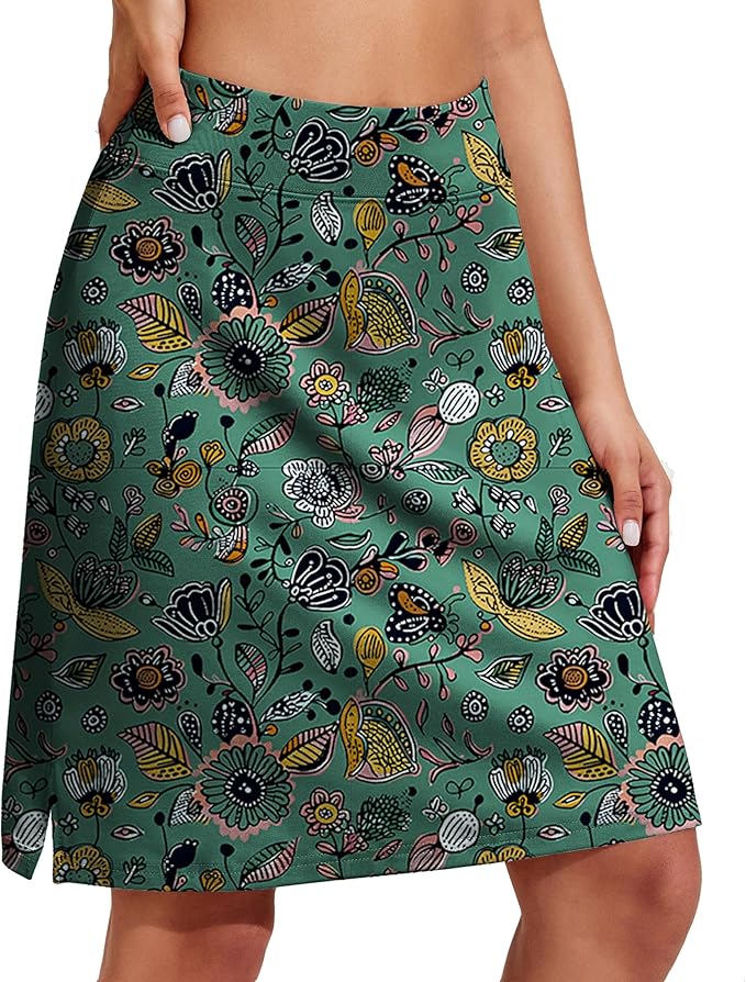 COOrun Women's 20" Knee Length Skirts High Waisted Golf Skorts with Pockets | Soft, Quick Dry, Split Hem, Built-in Shorts, A-line, Modest Skirts, for Golf Athletic Tennis Work Casual