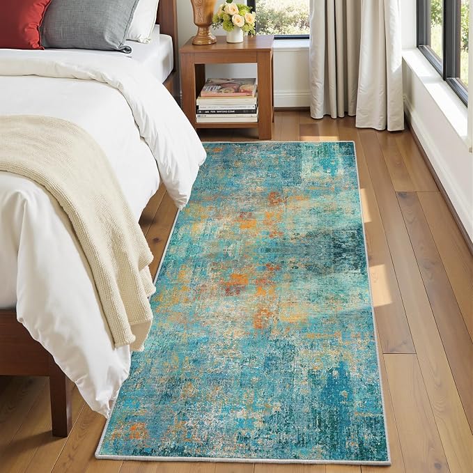 RELEANY Washable Runner 2'x8' Abstract Area Rug for Hallway Teal Multi | carpet for kitchen, entryway, bathroom, living room, bedroom, printed pattern, non-slip, soft, stain-resistant, easy to clean