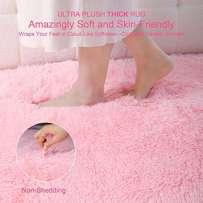 KICHOWUA 4x6 Thick Pink Fluffy Shag Plush Washable Rug for Girls Bedroom | Area Rug for Kids Room, Nursery, Dorm, Living Room, Non Slip Shaggy Carpet
